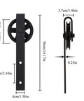 Dimensions of Black Steel Sliding Barn Door Hardware Kit with Pro Grade Big Rollers, showing side and front views with measurements.