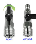High pressure washer ball valve kit with 1/4 NPT quick-connect fittings; left open, right closed lever.