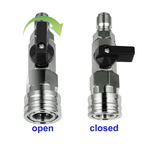 High pressure washer ball valve kit with 1/4 NPT quick-connect fittings; left open, right closed lever.