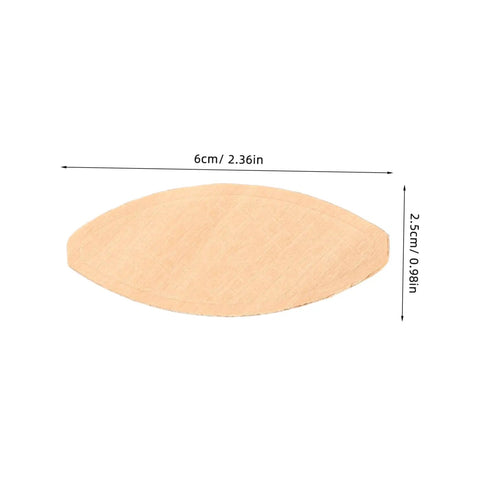 Premium 100 Pack Beech Wood Joiner Biscuits showing a 6cm by 2.5cm oval wooden biscuit for furniture framing.