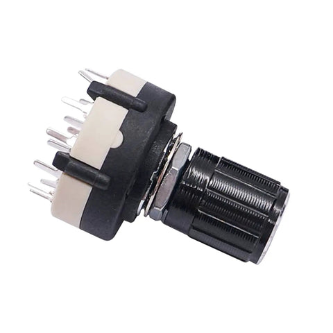 Rotary Switch RS26 1P12T 12 Position Band Selector Switch with black knob, 1 pole, 1 deck narrow wafer, close-up view