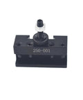 Thomletha OXA 250-001 quick-change lathe tool post holder, front view, black metal with adjustment bolt.