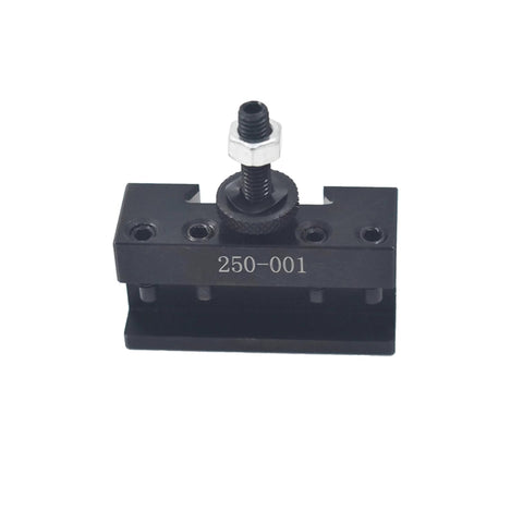 Thomletha OXA 250-001 quick-change lathe tool post holder, front view, black metal with adjustment bolt.
