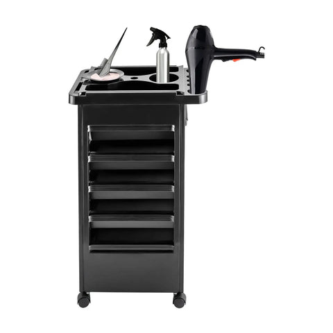 Professional 5 Tray Salon Rolling Cart With Smooth Gliding Wheels And Heaps Of Storage Space For Hair Stylists Seeking A No Fuss Setup And Reliable Organization Built To Rock Every Day, featuring five drawers and salon tools on top.