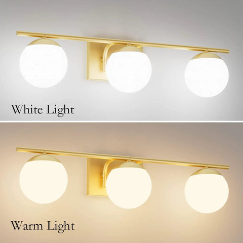 Slick Gold Vanity Light Fixture Three Light Mid Century Modern Bathroom Wall Sconce With Milky Glass Globe, 24 Inch Long