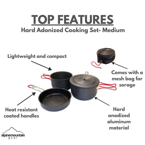 Three Piece Hard Anodized Camping Cook Set With Lids Nonstick Fry Pan Foldable Handle And Two Pots Mesh Carrying Bag Lightweight