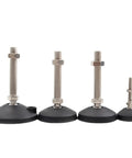 Rock Solid Heavy Duty Furniture Leveling Feet Four Pack Adjustable Articulating Threaded Cabinet Support Glides showing four sizes.