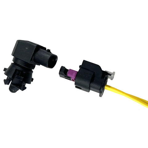 Straight Shot Ambient Air Temperature Sensor With Pigtail Wire Harness Direct Replacement For Cadillac Buick Gmc Trucks shown from side angle with connectors.