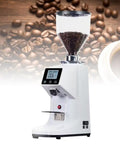 Rugged Commercial Coffee Grinder With 19 Grind Settings And 60Mm Flat Burr Stainless Steel Body, white design, digital display, bean hopper.