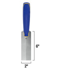 Comfort Grip 6 In By 2 In Flat Margin Flooring Trowel With Bucket Hook shown vertically with blue handle and steel blade