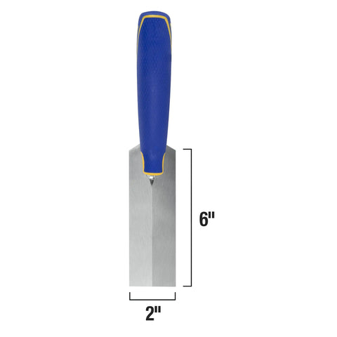 Comfort Grip 6 In By 2 In Flat Margin Flooring Trowel With Bucket Hook shown vertically with blue handle and steel blade