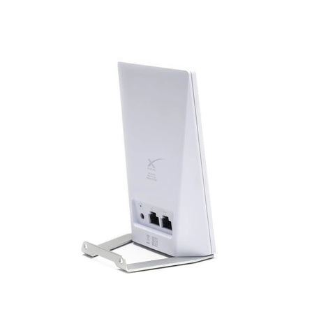Back view of Mini WiFi 6 Router With Blazing Dual Band Internet with latching LAN WAN ports and sleek stand design.