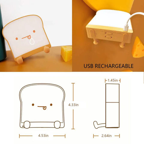 Cool Toast Bread LED Night Light With Rechargeable Battery Portable Bedside Lamp For Bedroom Decor Dual Or Single Sided Warm White Glow Perfect Gift For Teens Tweens Girls Boys Women Christmas Idea, showcasing front and back with dimensions.