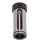Front view of KANASI Morse taper drill sleeve adapter, steel cylinder with knurled cap and through bore.