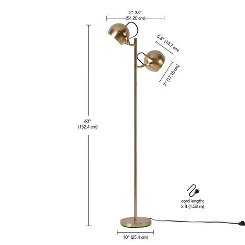 Miles 61 Inch Two Light Floor Lamp in Matte Brass Finish with Adjustable Heads and In Line On Off Foot Switch Mid Century Modern Style