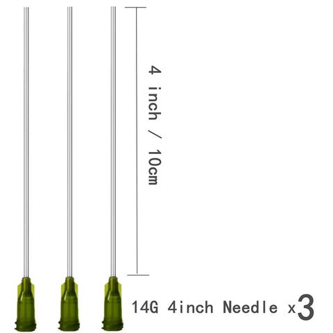Three pack of 4 inch 14G blunt luer lock needles, designed for precision use with 20 milliliter syringes for reliable transfer.