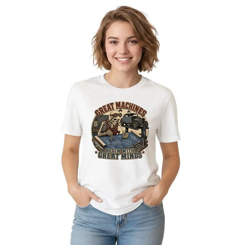 Vintage Mechanical Blueprint Tees Distressed Auto Diagram Gift Gearhead Shirts For Garage Makers And Car Enthusiasts Worn Precision Parts Art on a woman wearing a white t-shirt.