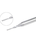 Close-up of a 0.6 mm carbide end mill with 1/8 in shank for PCB engraving.
