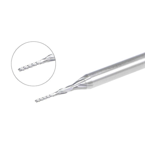 Close-up of a 0.6 mm carbide end mill with 1/8 in shank for PCB engraving.