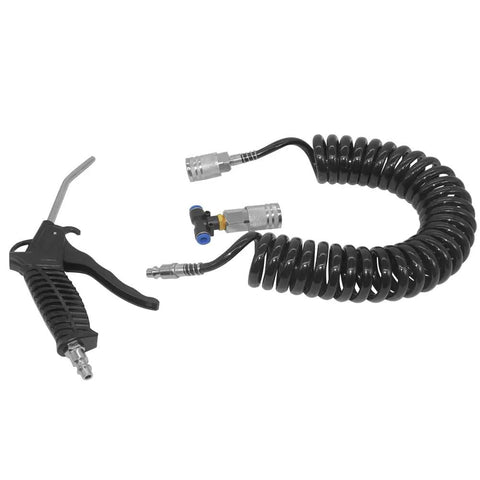 Kick The Dust And Blast Off Garage Grit With This Ultra Durable Air Blower Gun Kit Featuring A 16 Foot Pneumatic Hose And Secure Quarter Inch Fittings, featuring a handheld air blower and coiled hose.