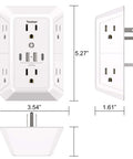 Wall Mount Outlet Extender With Heavy Duty Surge Guard Six Widely Spaced Ac Outlets Four Usb Charging Ports Two Type C Ports dimensions and design.
