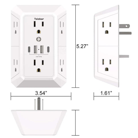 Wall Mount Outlet Extender With Heavy Duty Surge Guard Six Widely Spaced Ac Outlets Four Usb Charging Ports Two Type C Ports dimensions and design.