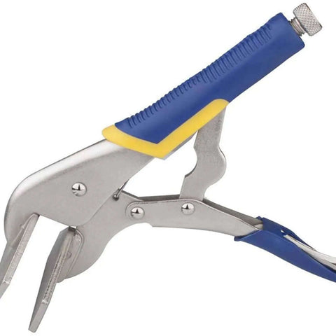 Sheet Metal Hand Seamer For Flattening And Seaming Durable Steel Multiuse Duckbill Clamp With Comfortable Grip A Real Workhorse For DIY Metalworking And Restoration Projects, showing angled metal jaws and rubber handle.