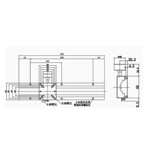 X Axis Linear Slide With Long Travel Rack And Pinion For Precision Manual Displacement And 210mm Travel Four Axis Control For CNC Machining And Metalworking Industrial Grade Durability And Wide Range Of Multi Industry Applications technical drawing with dimensions