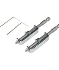 Super Cool Spring Loaded Screwdriver Bit Extension With Non Magnetic Grip For Slotted And Phillips Torx Bits In Silver. This One-Handed Pro Repair Tool Is A Total Game Changer For Fastening Jobs And Keeps Fasteners Secure While You Work Hard On Any Tough. silver spring loaded bit holder with two hex bits and L-wrenches