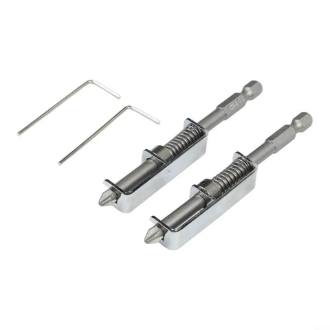 Super Cool Spring Loaded Screwdriver Bit Extension With Non Magnetic Grip For Slotted And Phillips Torx Bits In Silver. This One-Handed Pro Repair Tool Is A Total Game Changer For Fastening Jobs And Keeps Fasteners Secure While You Work Hard On Any Tough. silver spring loaded bit holder with two hex bits and L-wrenches