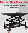 Hella Sturdy Electric Scissor Lift Table And Height Adjustable Rolling Cart With Solid 400 Pound Capacity Silent Motor, black and red design.