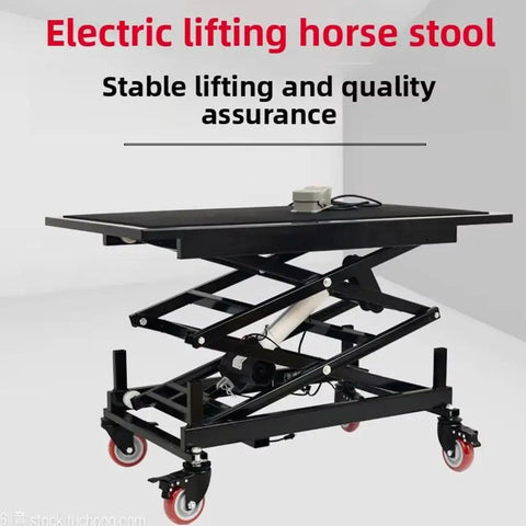 Hella Sturdy Electric Scissor Lift Table And Height Adjustable Rolling Cart With Solid 400 Pound Capacity Silent Motor, black and red design.