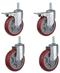 Rugged Heavy Duty Swivel Casters With M12 Threaded Studs Dead Silent Pu Wheels Secure Locking Brakes Built To Roll Easy Under Hefty Furniture And Equipment Carts In A 4 Pack, featuring four swivel casters with red PU wheels.