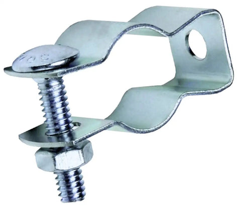 Solid As A Rock Build For No Sweat Installation This Hella Sturdy Zinc Plated Conduit Hanger Secures Half Inch EMT Or Rigid Pipe Fast With Preassembled Carriage Bolts A Top Shelf Five Pack Design That Gives Pros Reliable Mounting They Can Totally Trust, showcasing a close-up view of a zinc plated conduit hanger with carriage bolts.