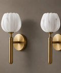 Modern Brushed Brass Wall Sconce Light - Fluted Alabaster Glass Shade Wall Mounted Lamp for Bedroom, Living Room, Hallway & Bedside Decor (Bulb Not Included), close-up view.