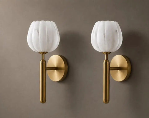 Modern Brushed Brass Wall Sconce Light - Fluted Alabaster Glass Shade Wall Mounted Lamp for Bedroom, Living Room, Hallway & Bedside Decor (Bulb Not Included), close-up view.
