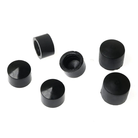 Pro Grade Rubber Pivot Cups For Skateboard And Longboard Trucks Replacement Set showing six black rubber pivot cups, four medium and two large, on white background.
