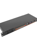 Ten Outlet Power Sequencer Conditioner With USB Charging Port Flips The Power On DJ Consoles And Pro Audio Gear Providing Clean Juice And Beefy Surge Protection For Your Fly Setup, shown from an angled view with buttons and AC jacks.