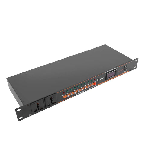 Ten Outlet Power Sequencer Conditioner With USB Charging Port Flips The Power On DJ Consoles And Pro Audio Gear Providing Clean Juice And Beefy Surge Protection For Your Fly Setup, shown from an angled view with buttons and AC jacks.