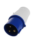 Tough As Nails 32A Industrial Three Pin Plug Built For Rough Job Sites, featuring a blue and white heavy-duty exterior with three brass terminals.