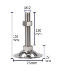 Heavy Duty Stainless Steel Furniture Levelers M12 adjustable cabinet foot dimensions 152mm height, 76mm base diameter, non-slip design.