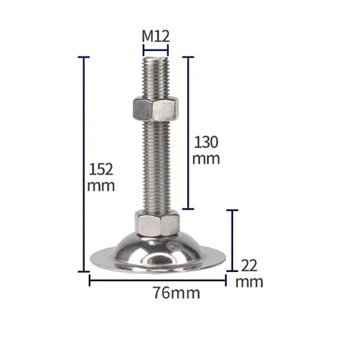 Heavy Duty Stainless Steel Furniture Levelers M12 adjustable cabinet foot dimensions 152mm height, 76mm base diameter, non-slip design.