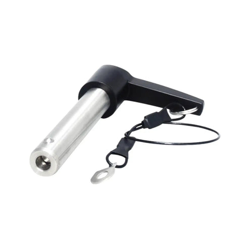 Sturdy 10mm Quick Release Pin Made From Top Grade Stainless Steel For Heavy Duty Applications With Tool Free Snap Action Locking Mechanism And Super Durable Rust Proof Build That Gets The Job Done Fast, showing the silver and black design.