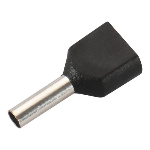 Twin 16 AWG Wire Ferrules In Black TE1508 Pin Terminal, Dual Wire Design For Daisy Chaining And Parallel Wiring, 8mm Pin Length, Bulk Pack For Quick Secure Terminal Block Connections. black insulated ferrule with 8mm metal pin
