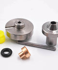 Seal kit for waterjet cutting machine: metal discs, copper nozzle, steel rod, rubber O-ring, and yellow caps