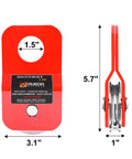 4.8T Heavy Duty Recovery Snatch Block For Winches, 10,500 Lb Capacity, Red Towing Pulley System side and front view dimensions