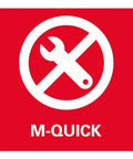 M-QUICK logo on red background with crossed-out wrench symbol, indicating no repair needed for Built Like A Tank Cordless Angle Grinder.