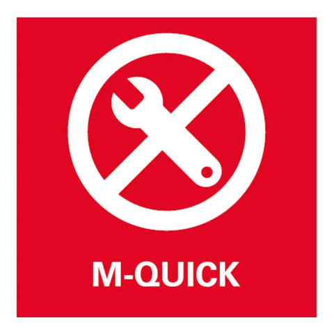 M-QUICK logo on red background with crossed-out wrench symbol, indicating no repair needed for Built Like A Tank Cordless Angle Grinder.
