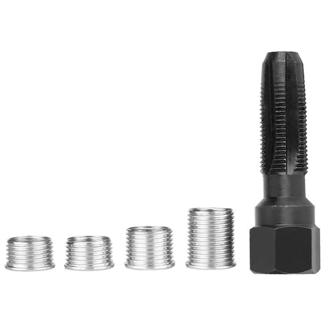 Carbon Steel 14mm Plug Rethread Tap Kit With Four Inserts For Damaged Thread Repair: tap and inserts