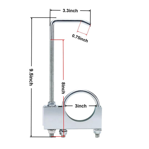 Two Pack Exhaust Clamp With Hanger For 3 Inch Exhaust Pipe Heavy Duty Universal Exhaust Hanger Kit showing measurements